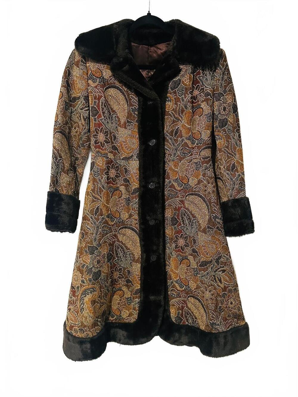 Vintage tapestry peacoat with faux fur trim